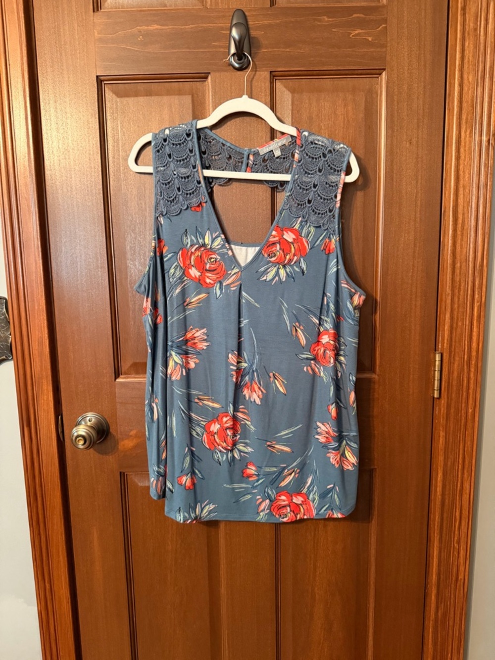 Daniel Rainn Blue Floral Tank with Crochet Lace Yoke